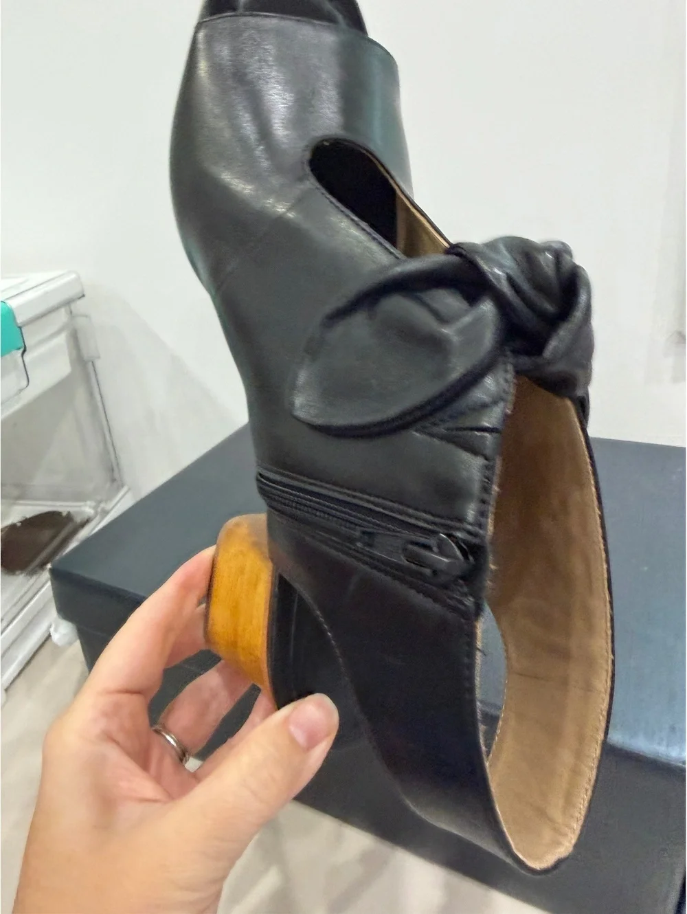 Bernardo Lizzie Black Leather Open Toe Slingback Heeled Sandals Wood Block Heel